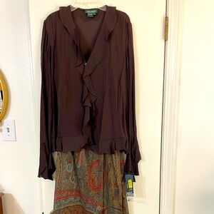 Ralph Lauren Brown Sheer long sleeve blouse with brown silk camisole